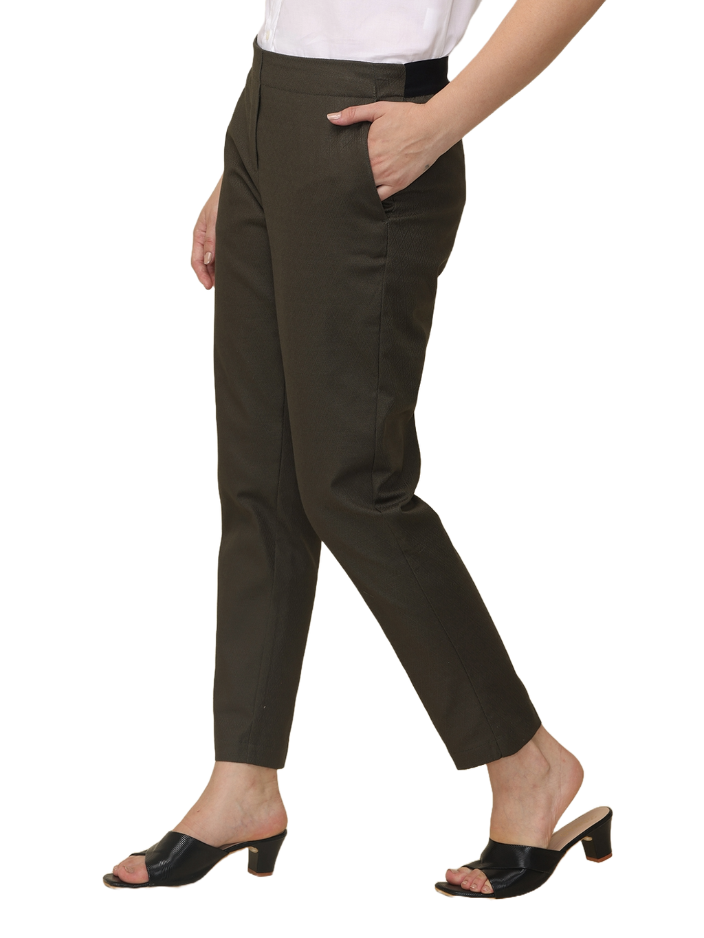 Women's Slim Fit Solid Elasticated Formal Trouser, Olive