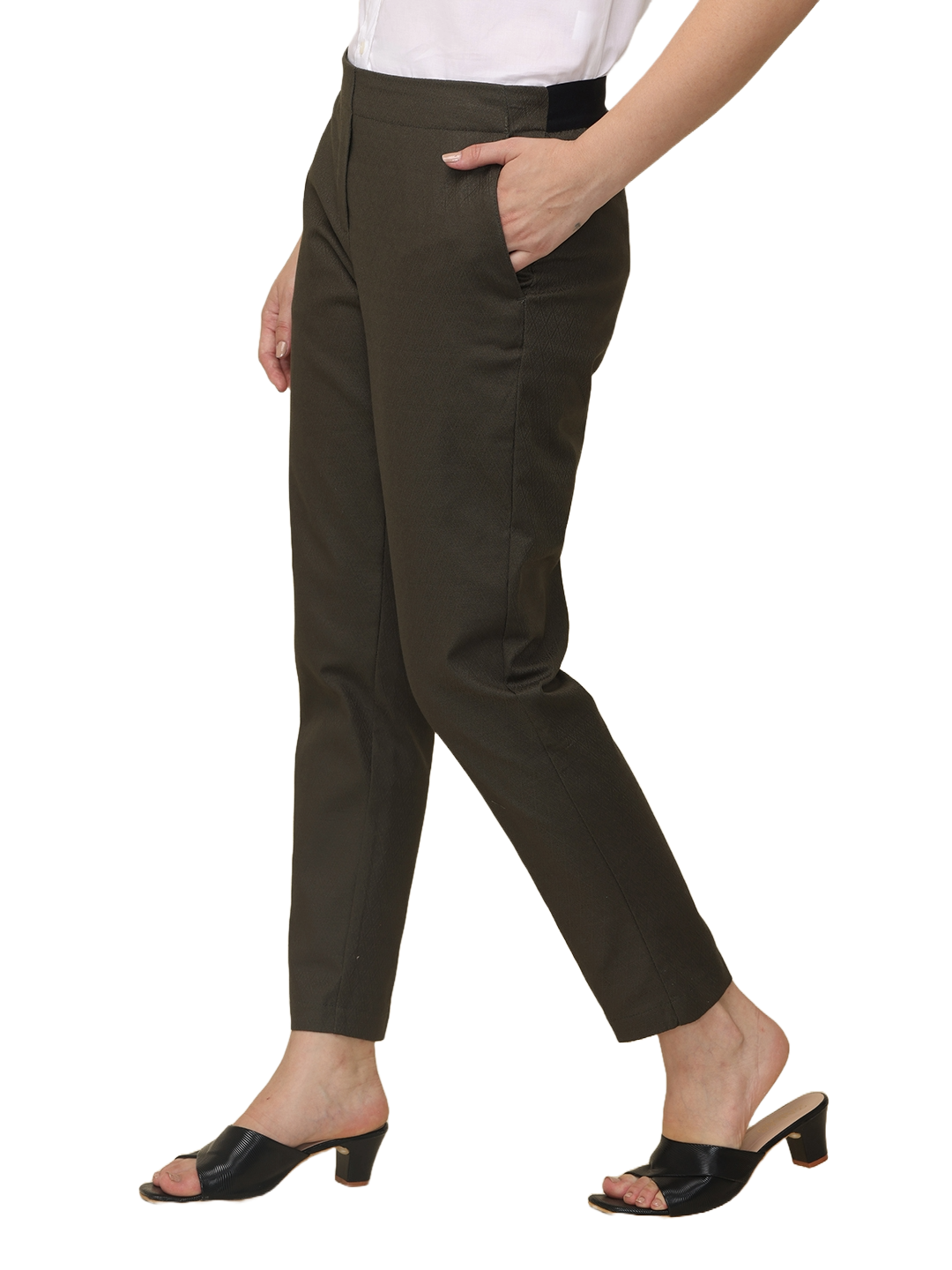 Women's Slim Fit Solid Elasticated Formal Trouser, Olive