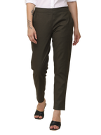 Women's Slim Fit Solid Elasticated Formal Trouser, Olive