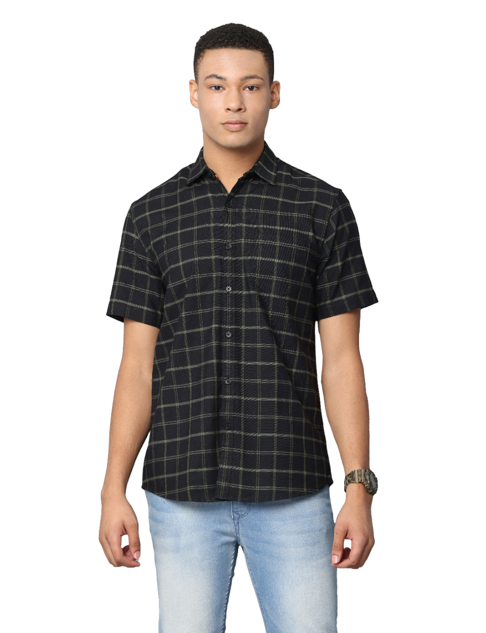 Men's Dark Green Checkered Short Sleeves Casual Shirt