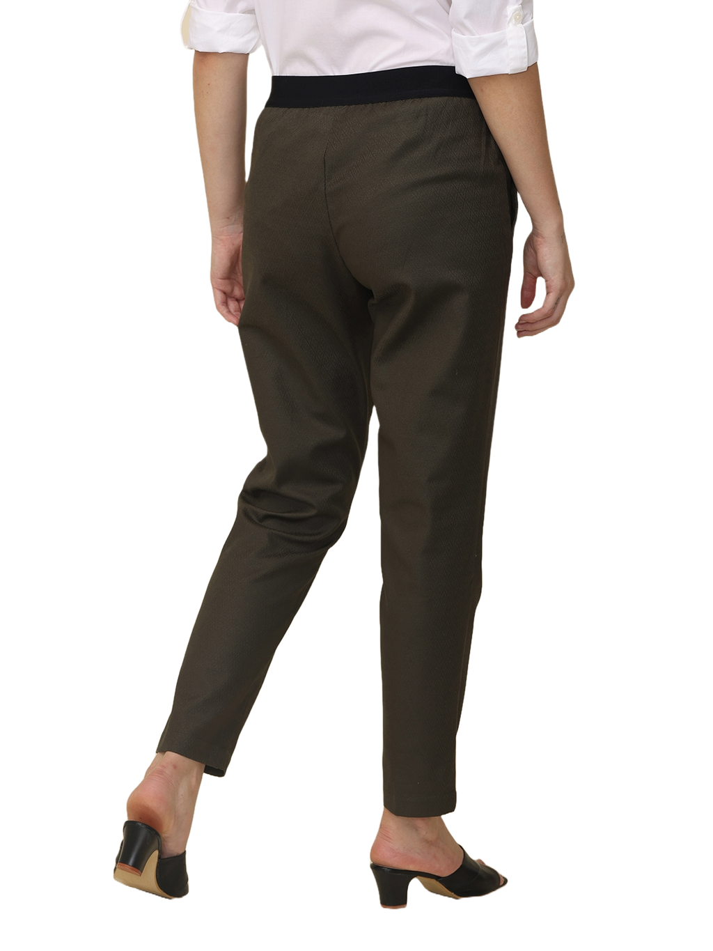 Women's Slim Fit Solid Elasticated Formal Trouser, Olive