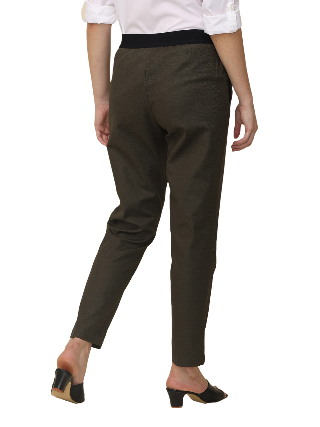 Women's Slim Fit Solid Elasticated Formal Trouser, Olive