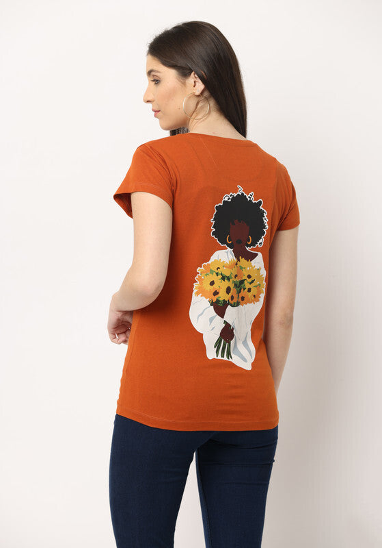 Women's Cotton Slim Fit Back Print Crew Neck T-Shirt, Dark Brown