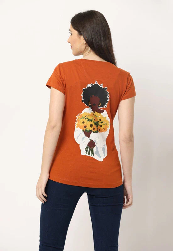 Women's Cotton Slim Fit Back Print Crew Neck T-Shirt, Dark Brown