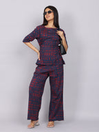 Women’s Navy Red Printed Relaxed Fit Boat Neck Co-ord Set
