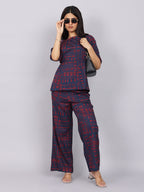 Women’s Navy Red Printed Relaxed Fit Boat Neck Co-ord Set