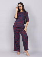 Women’s Navy Red Printed Relaxed Fit Boat Neck Co-ord Set