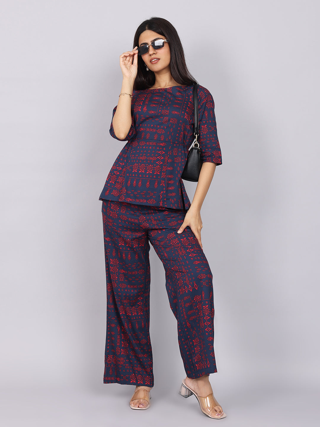 Women’s Navy Red Printed Relaxed Fit Boat Neck Co-ord Set