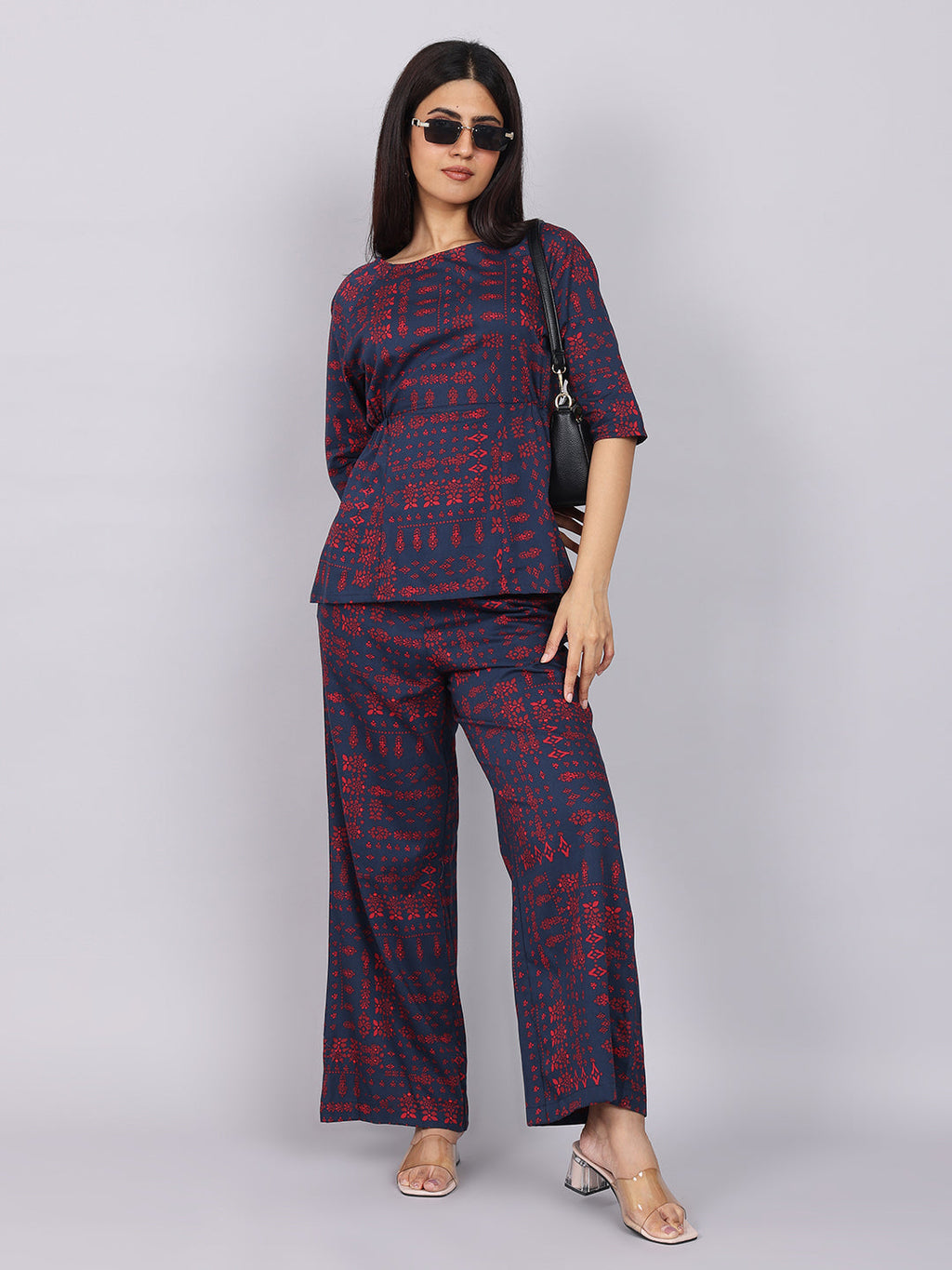 Women’s Navy Red Printed Relaxed Fit Boat Neck Co-ord Set
