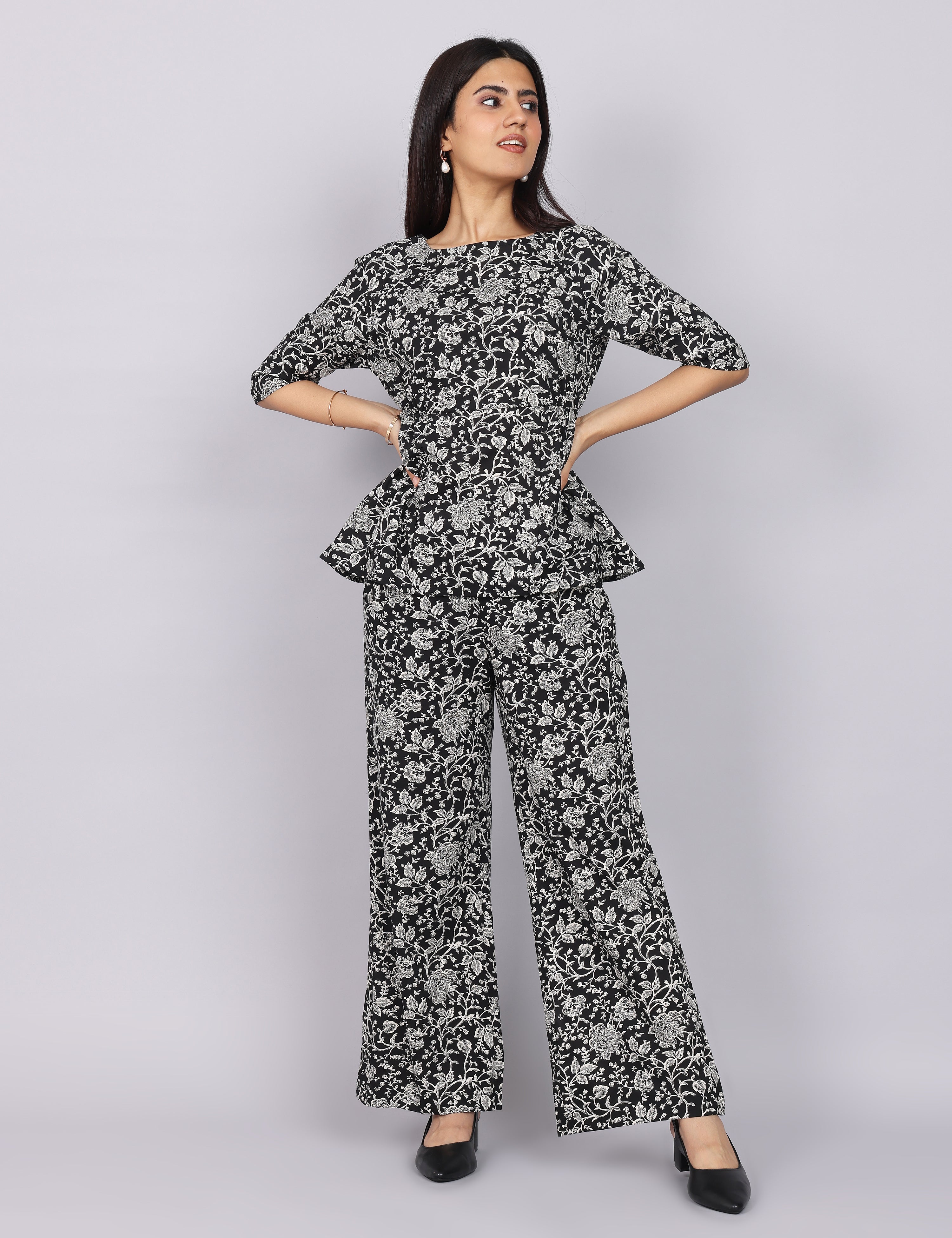 Women’s Black Printed Relaxed Fit Boat Neck Co-ord Set