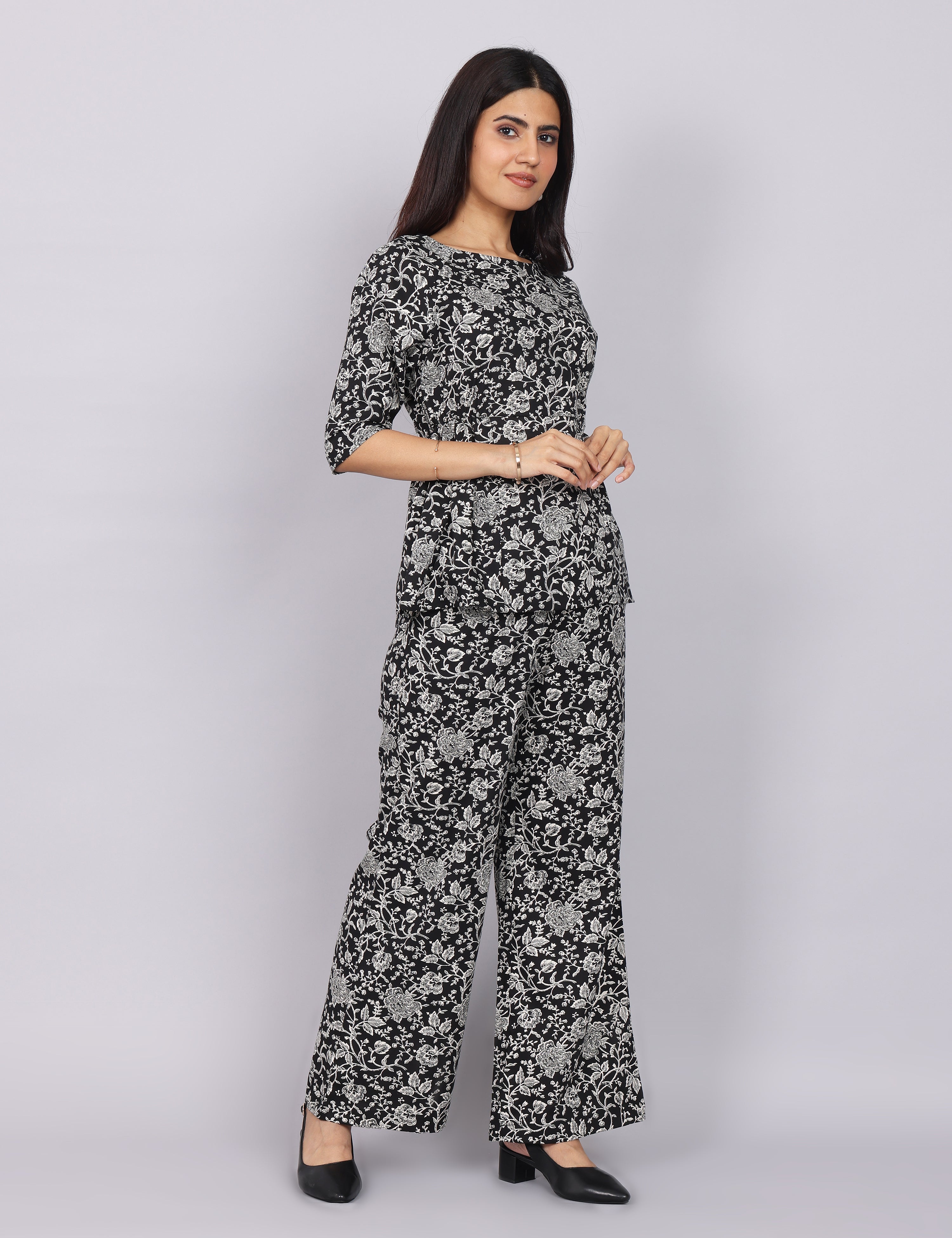 Women’s Black Printed Relaxed Fit Boat Neck Co-ord Set
