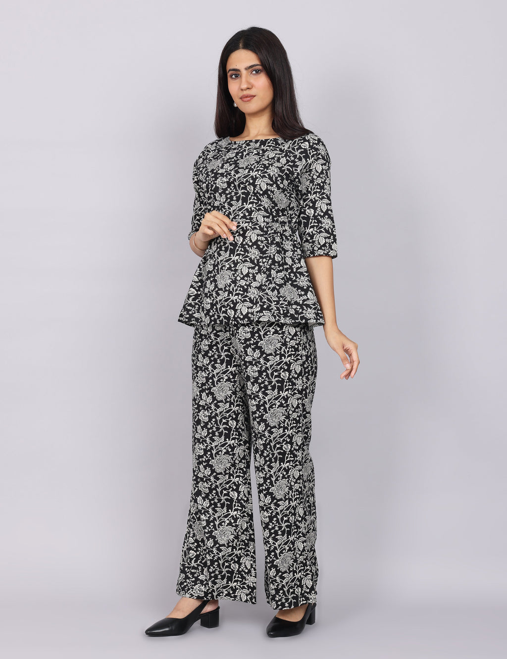 Women’s Black Printed Relaxed Fit Boat Neck Co-ord Set