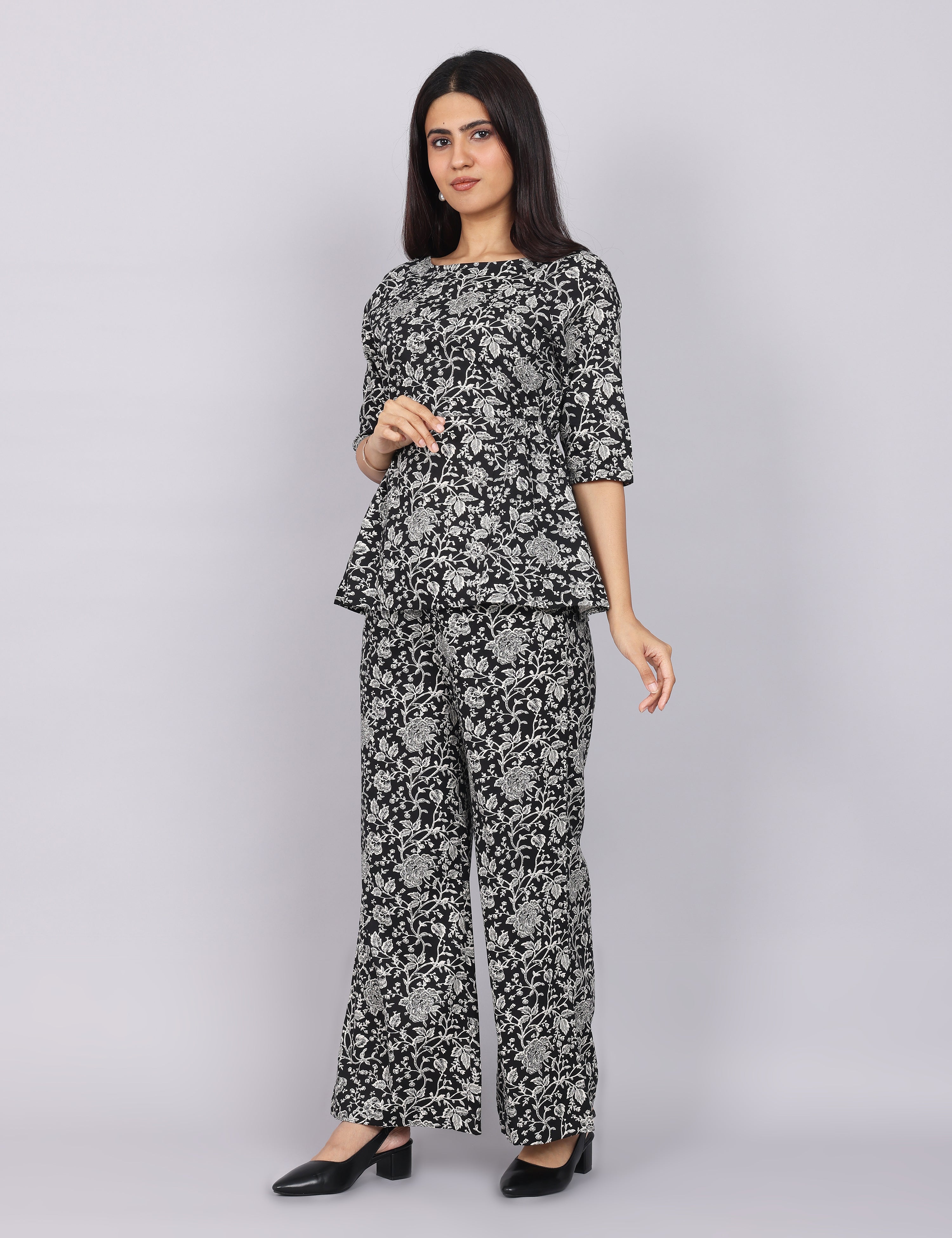 Women’s Black Printed Relaxed Fit Boat Neck Co-ord Set