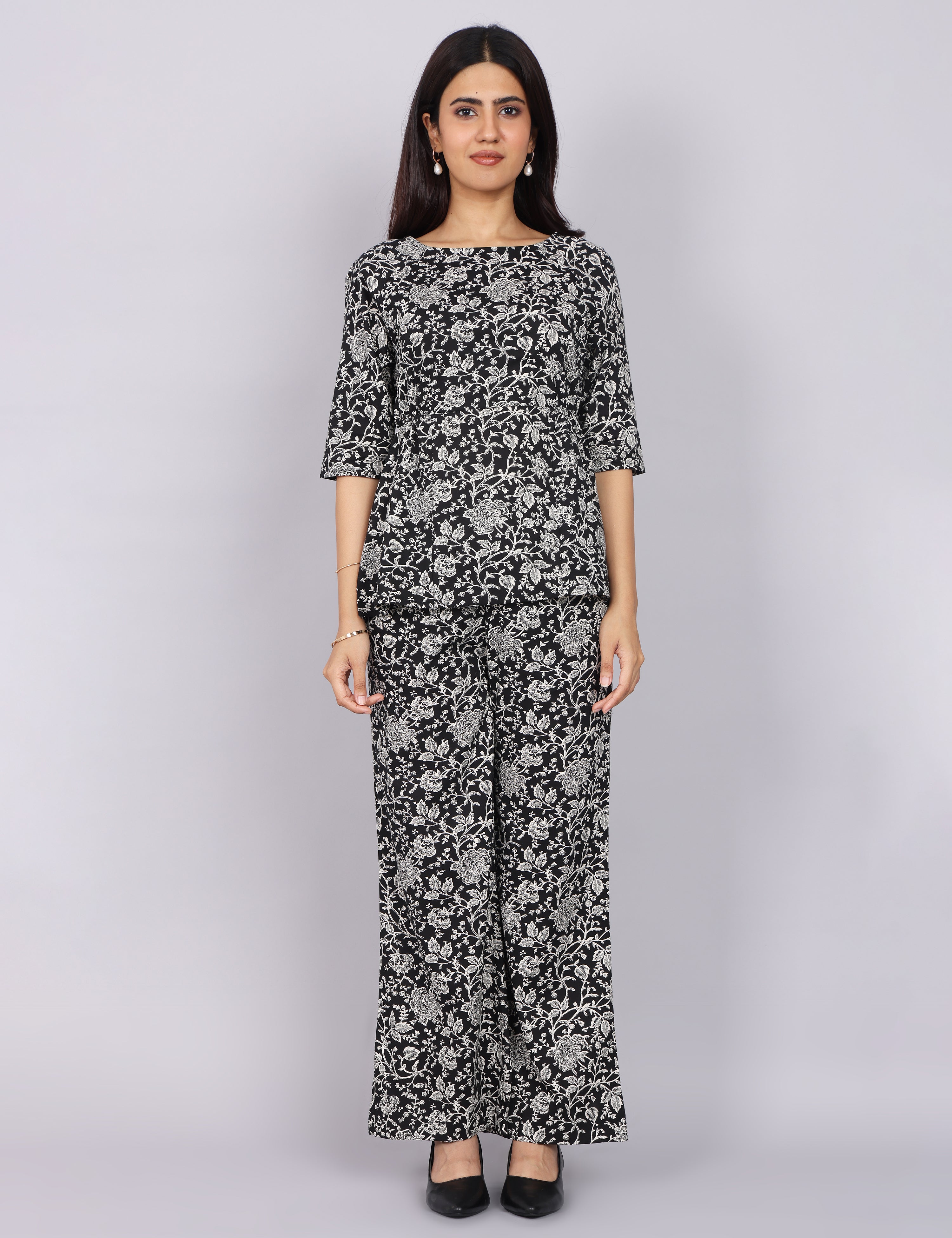 Women’s Black Printed Relaxed Fit Boat Neck Co-ord Set