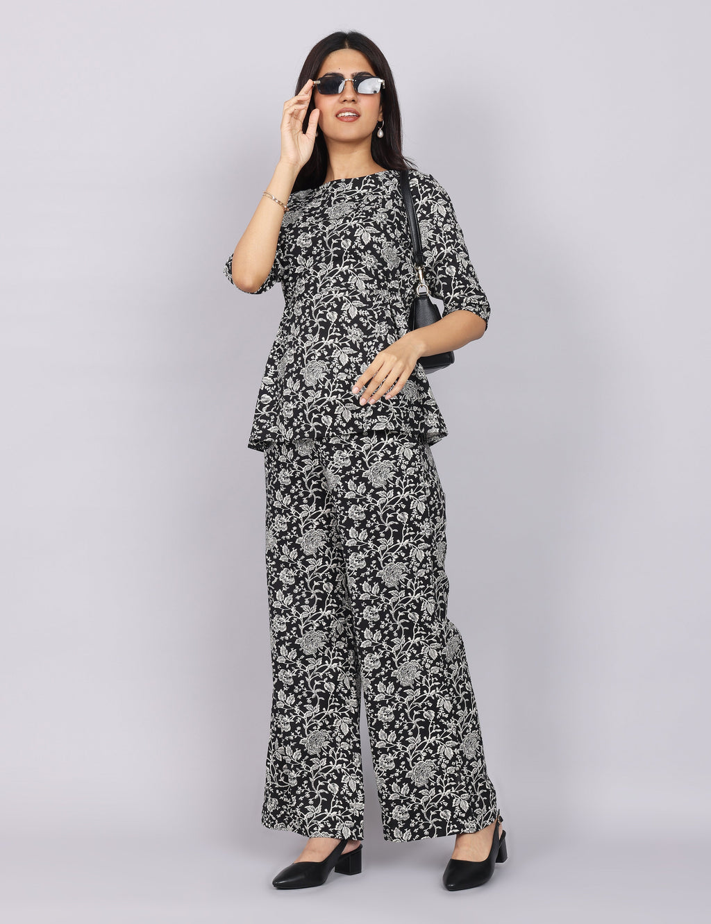 Women’s Black Printed Relaxed Fit Boat Neck Co-ord Set