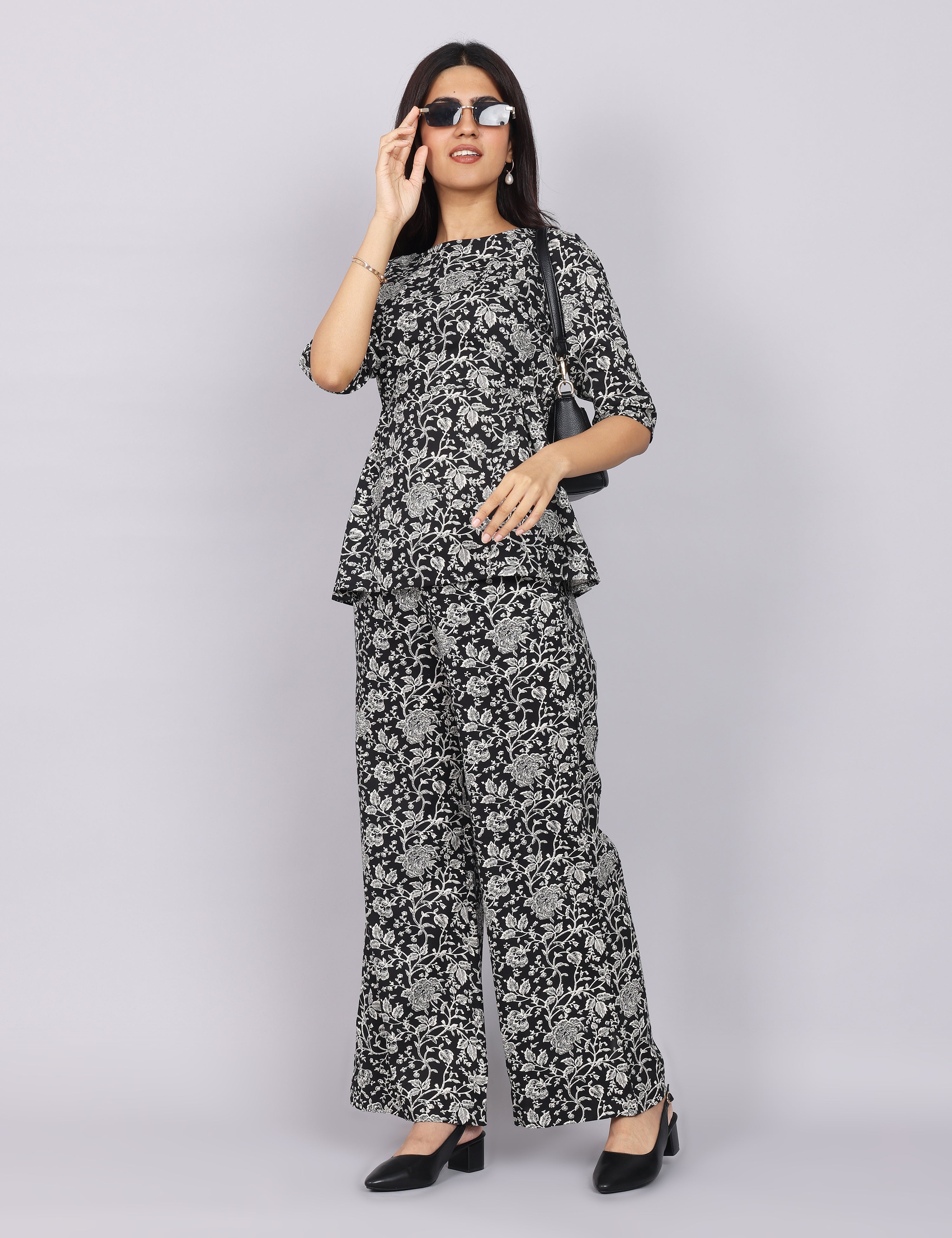 Women’s Black Printed Relaxed Fit Boat Neck Co-ord Set