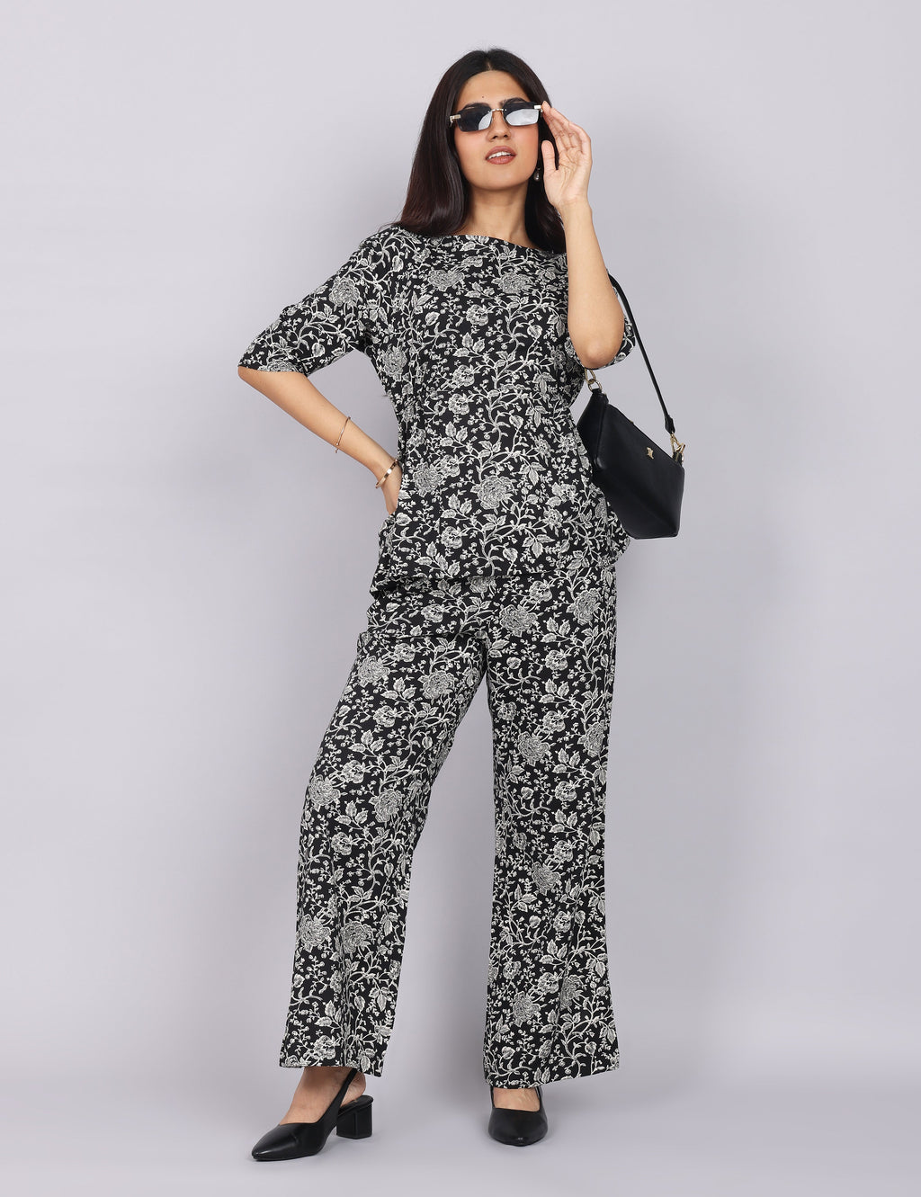 Women’s Black Printed Relaxed Fit Boat Neck Co-ord Set