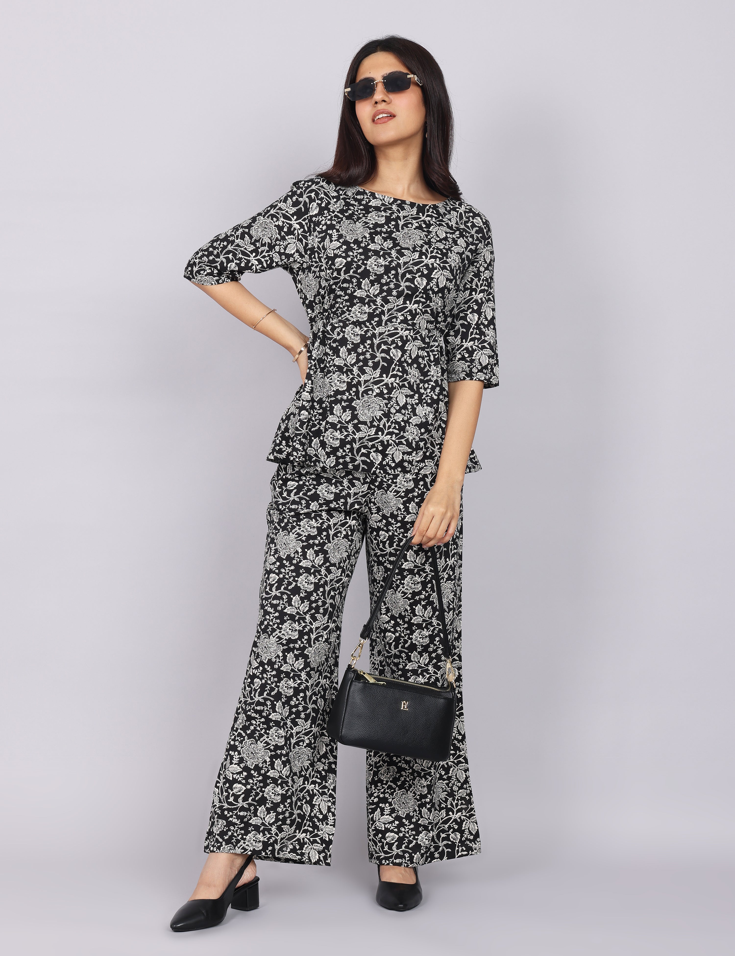 Women’s Black Printed Relaxed Fit Boat Neck Co-ord Set