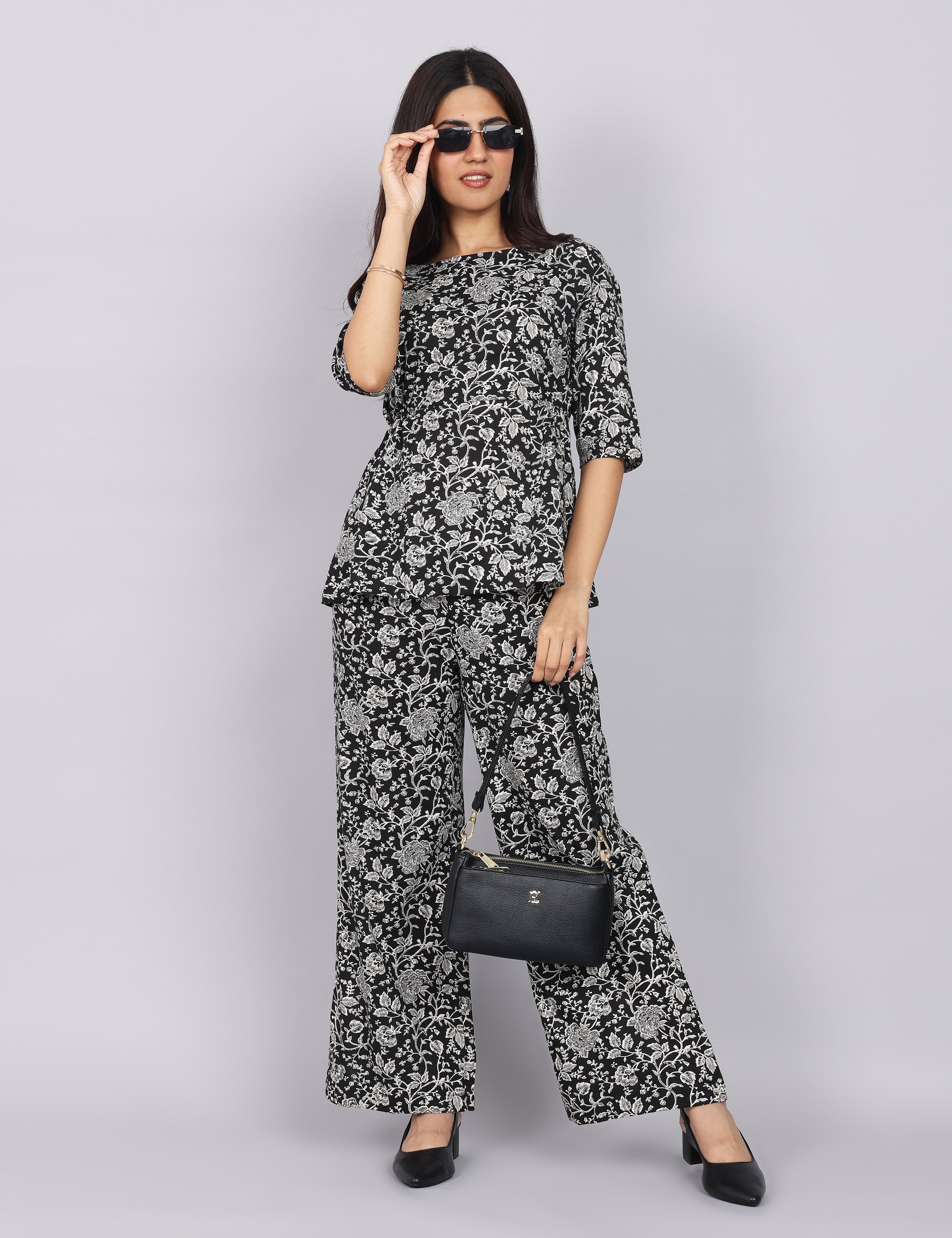 Women’s Black Printed Relaxed Fit Boat Neck Co-ord Set
