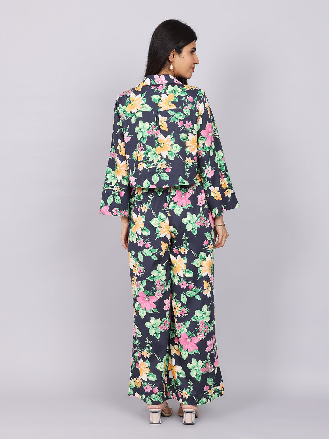 Women’s Navy Green Printed Relaxed Fit Collared Co-ord Set