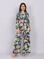 Women’s Navy Green Printed Relaxed Fit Collared Co-ord Set