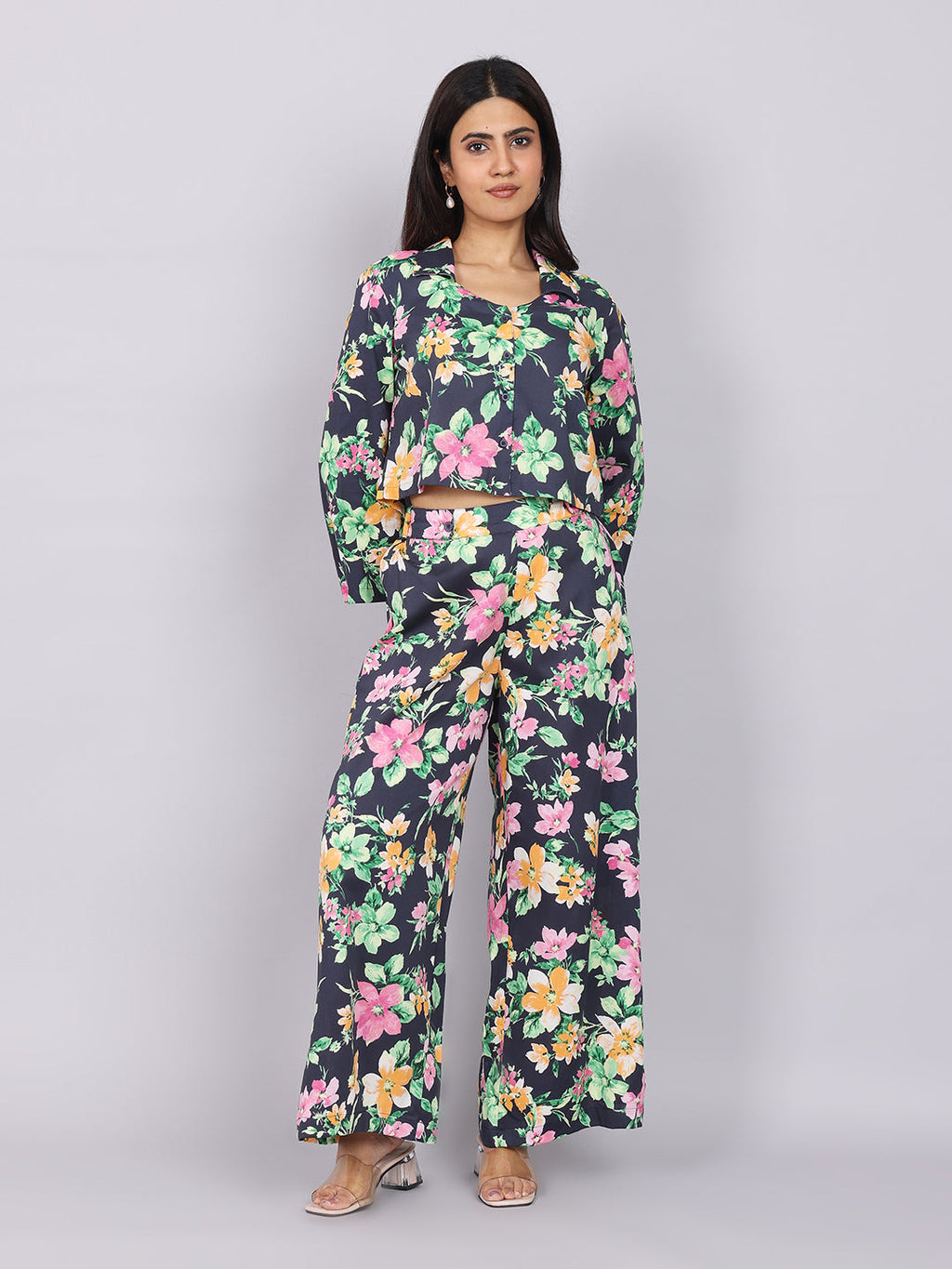 Women’s Navy Green Printed Relaxed Fit Collared Co-ord Set