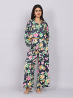 Women’s Navy Green Printed Relaxed Fit Collared Co-ord Set