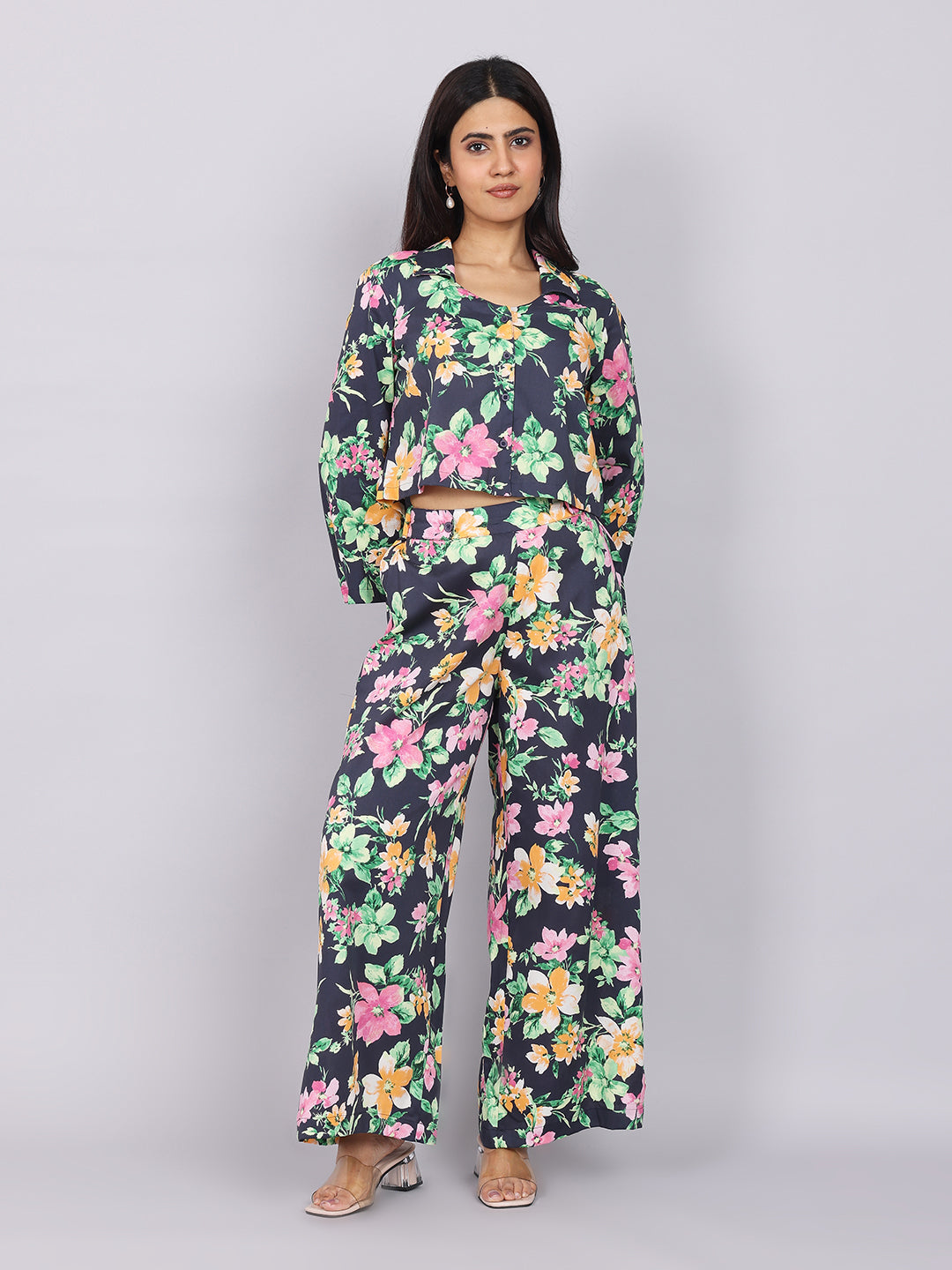 Women’s Navy Green Printed Relaxed Fit Collared Co-ord Set
