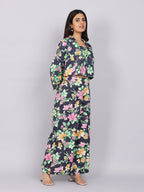 Women’s Navy Green Printed Relaxed Fit Collared Co-ord Set