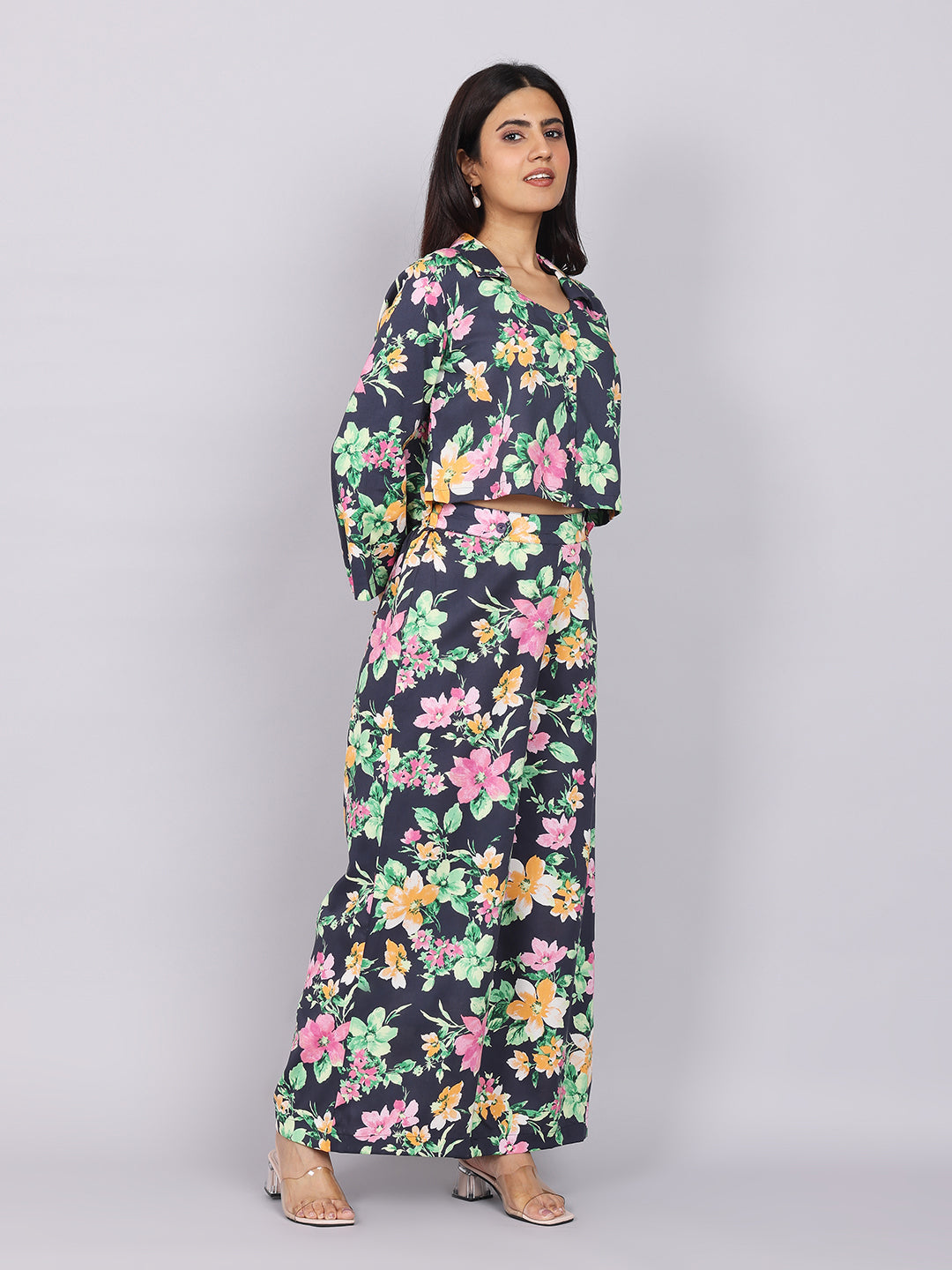 Women’s Navy Green Printed Relaxed Fit Collared Co-ord Set