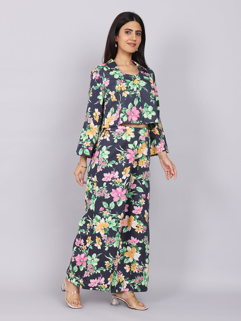 Women’s Navy Green Printed Relaxed Fit Collared Co-ord Set
