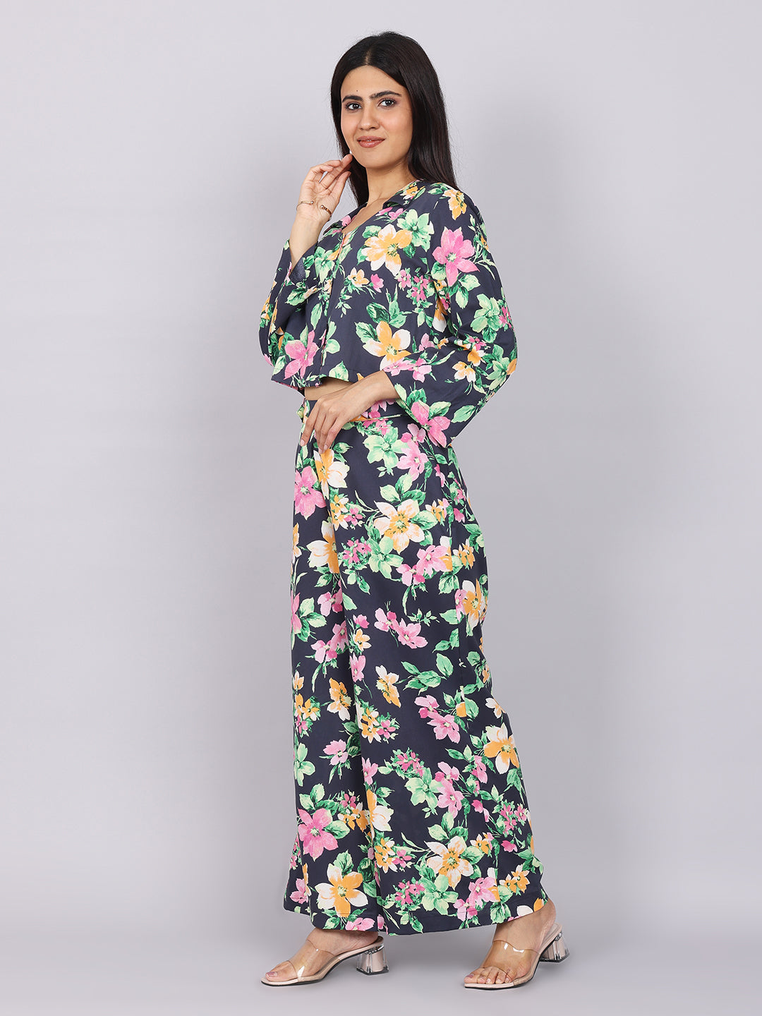 Women’s Navy Green Printed Relaxed Fit Collared Co-ord Set