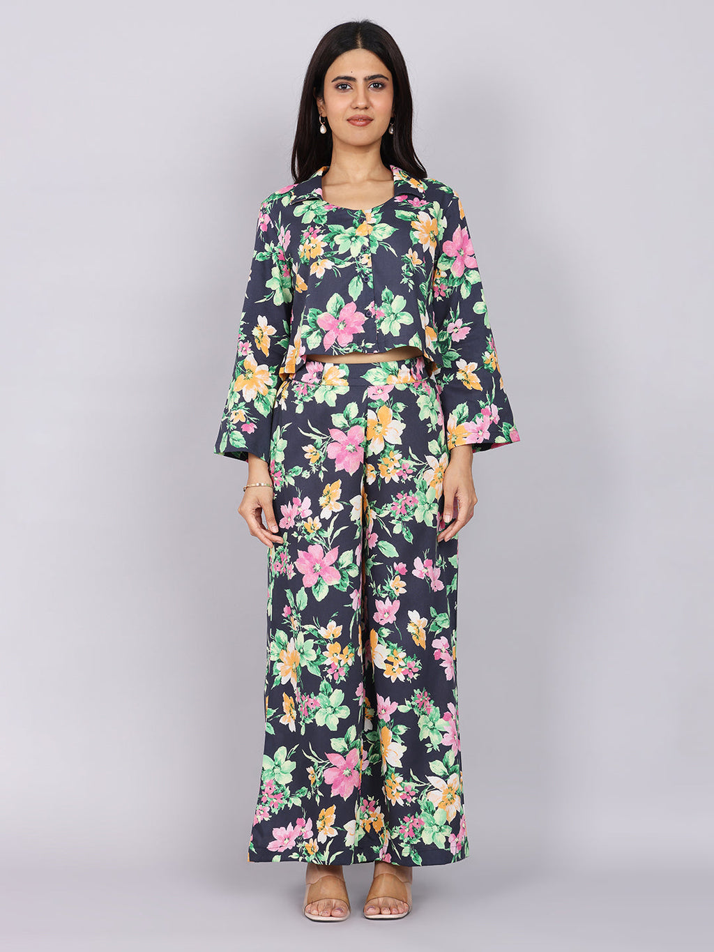 Women’s Navy Green Printed Relaxed Fit Collared Co-ord Set