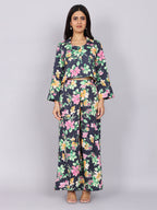 Women’s Navy Green Printed Relaxed Fit Collared Co-ord Set