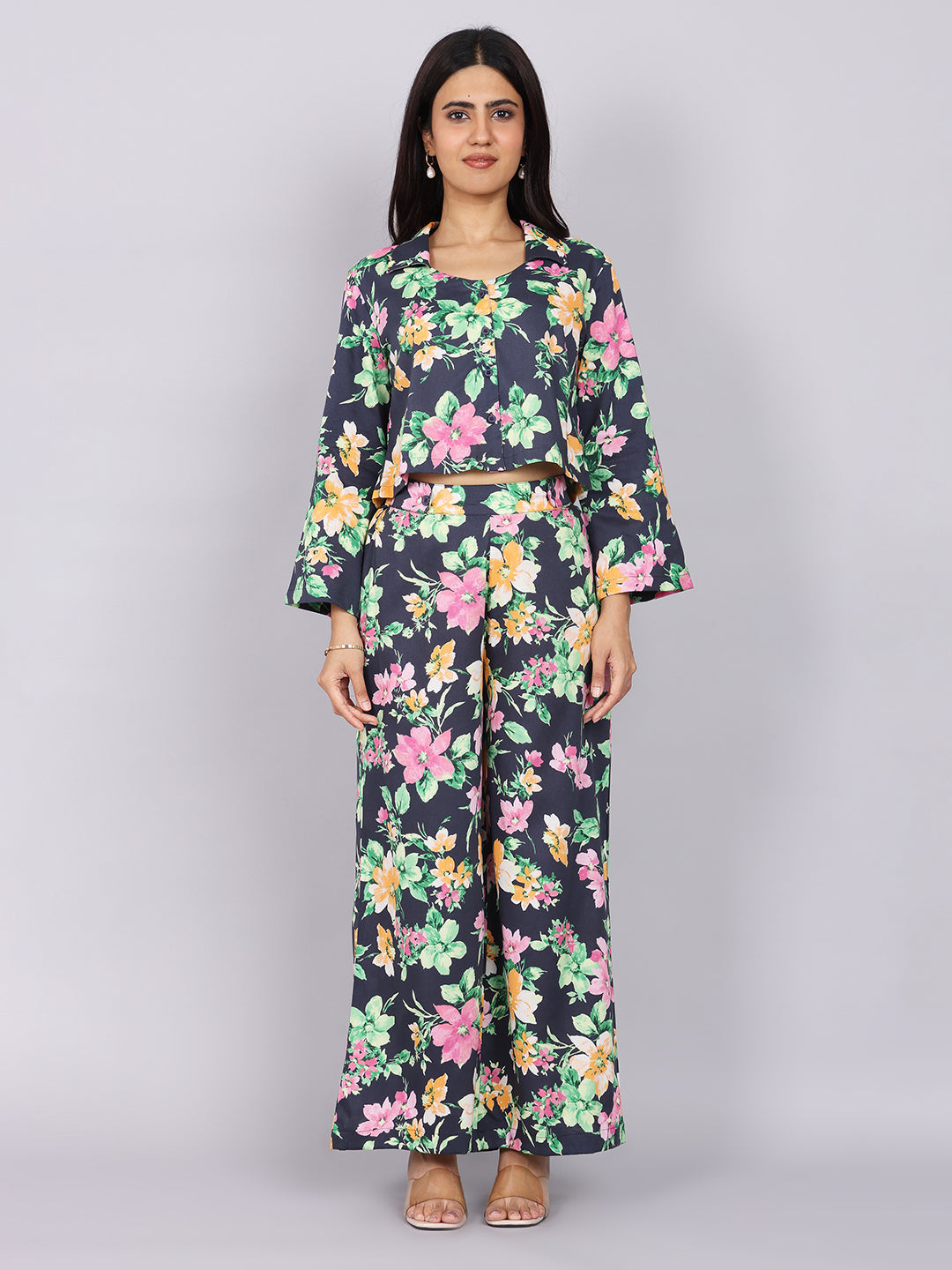 Women’s Navy Green Printed Relaxed Fit Collared Co-ord Set