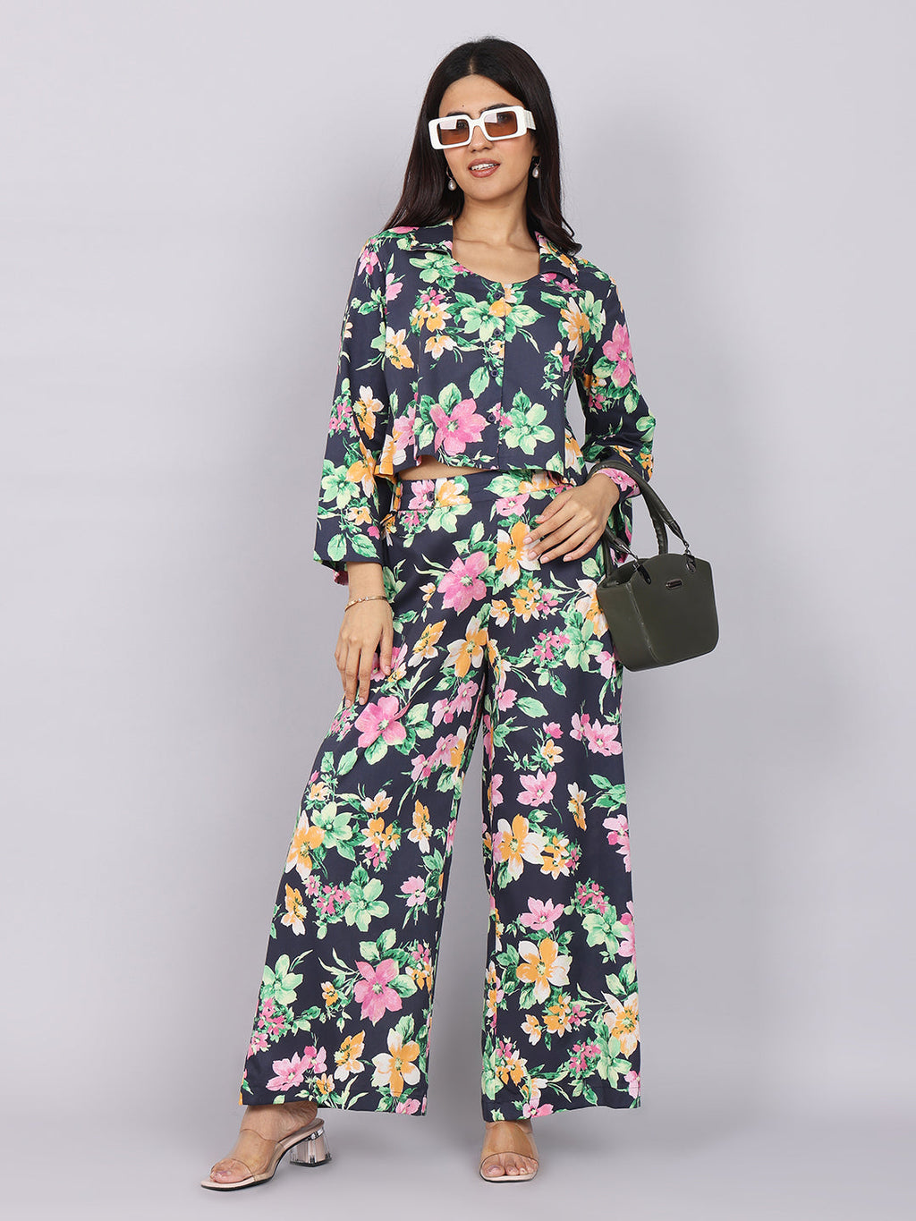 Women’s Navy Green Printed Relaxed Fit Collared Co-ord Set