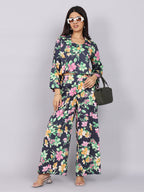 Women’s Navy Green Printed Relaxed Fit Collared Co-ord Set