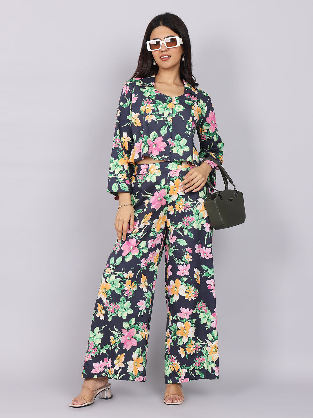 Women’s Navy Green Printed Relaxed Fit Collared Co-ord Set
