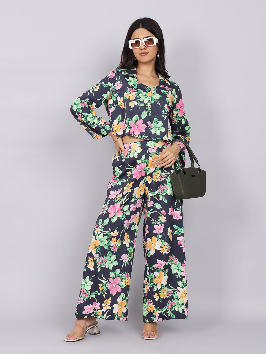 Women’s Navy Green Printed Relaxed Fit Collared Co-ord Set