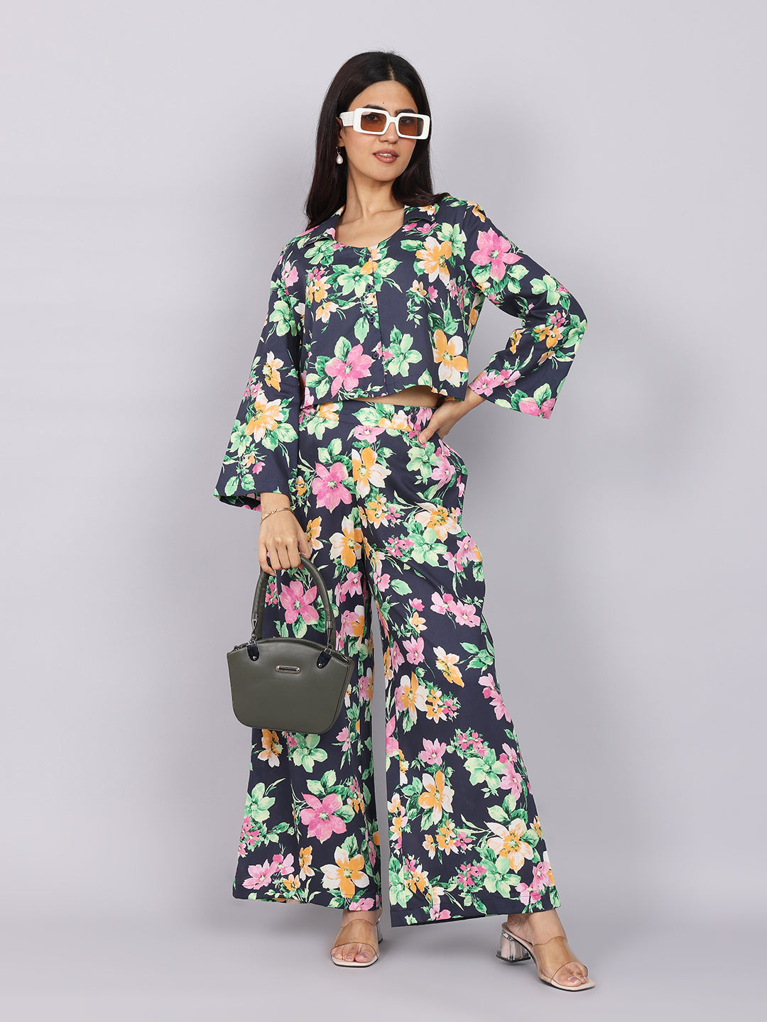Women’s Navy Green Printed Relaxed Fit Collared Co-ord Set