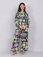 Women’s Navy Green Printed Relaxed Fit Collared Co-ord Set