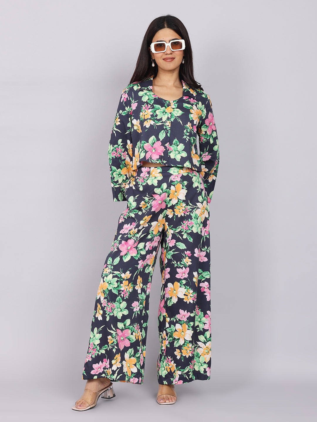 Women’s Navy Green Printed Relaxed Fit Collared Co-ord Set