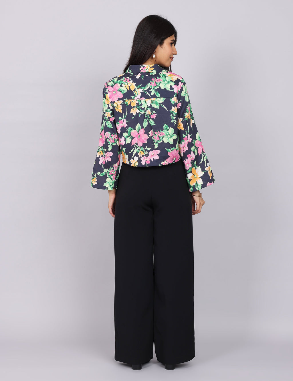 Women’s Navy Green Printed Relaxed Fit Collared Top