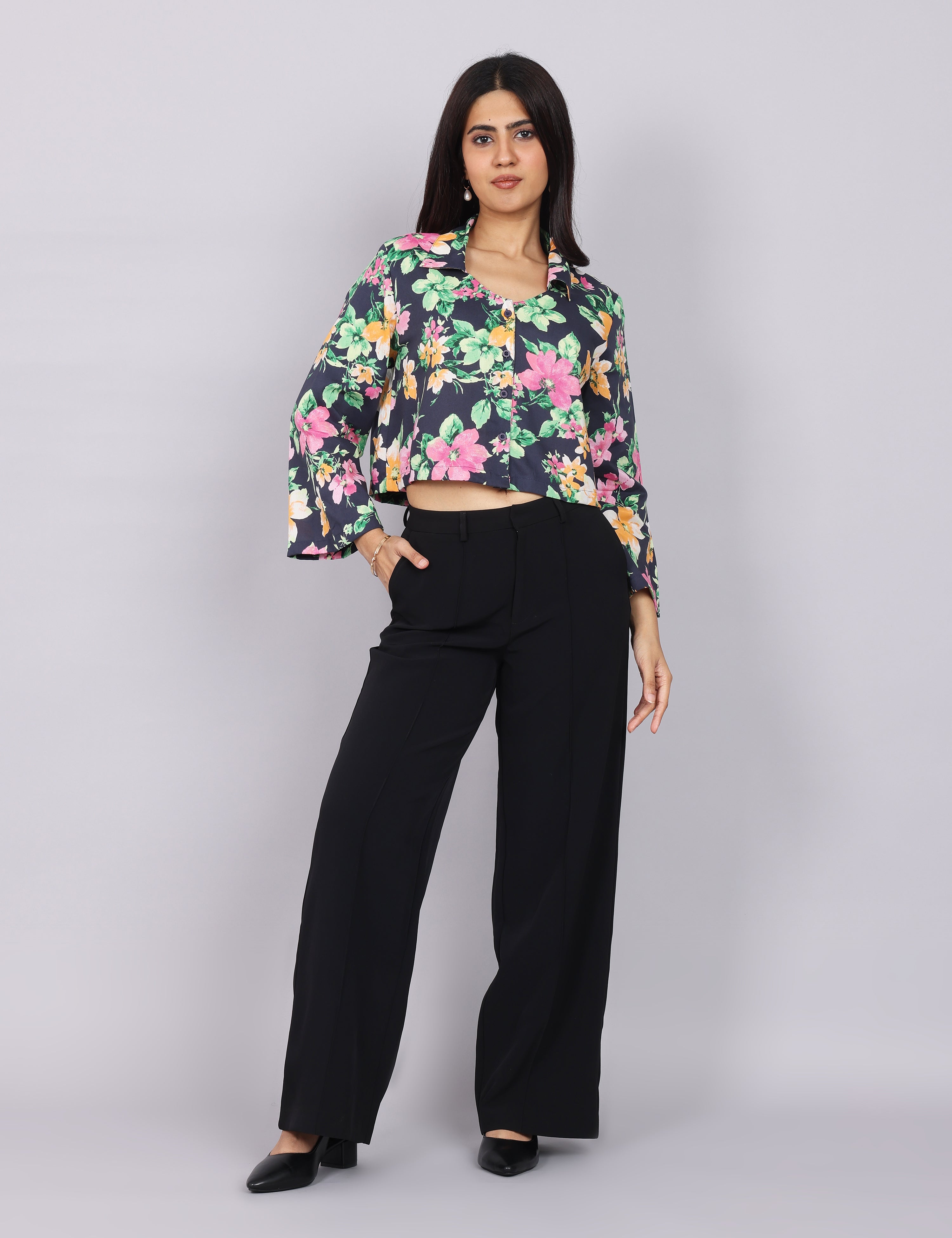 Women’s Navy Green Printed Relaxed Fit Collared Top