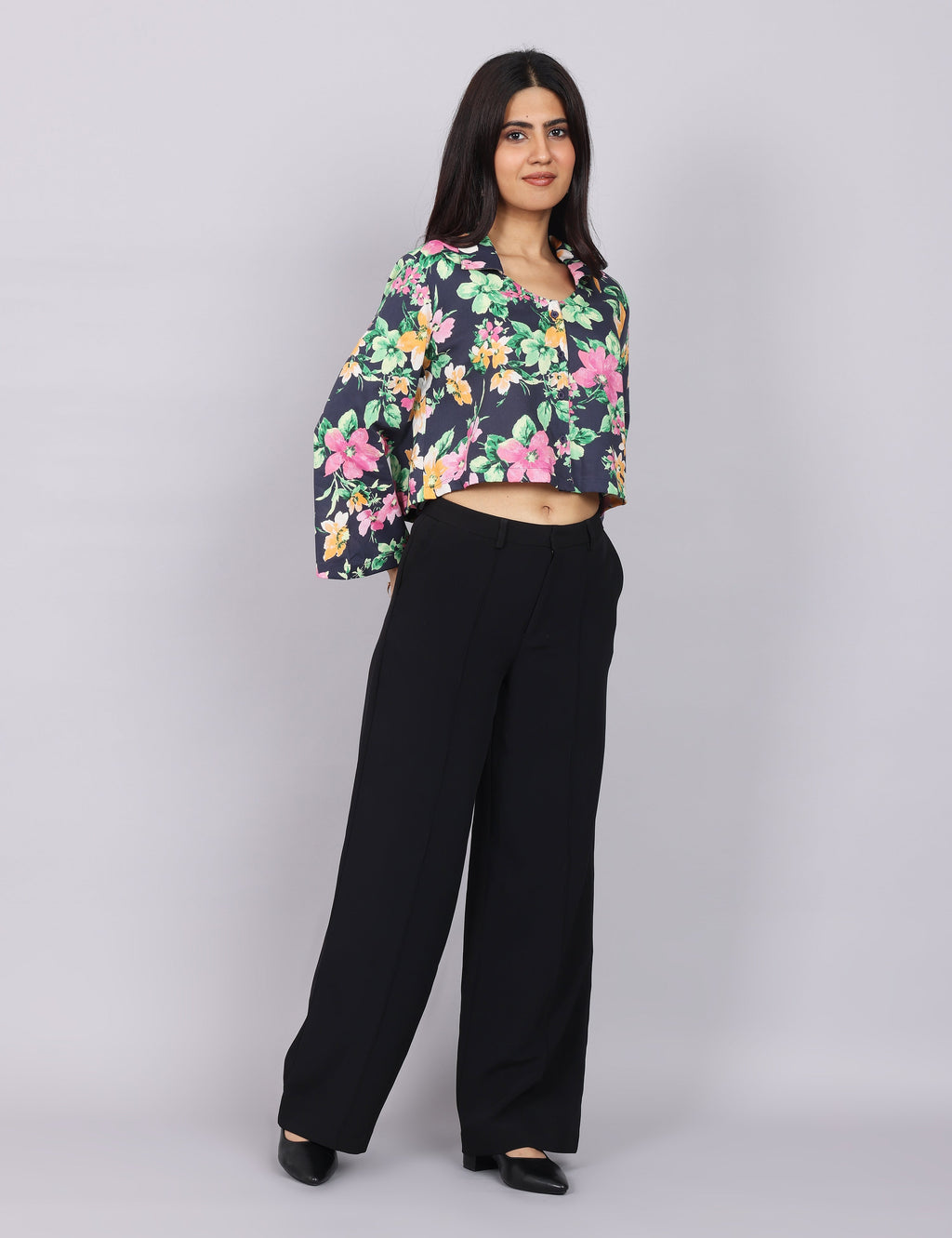 Women’s Navy Green Printed Relaxed Fit Collared Top