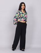 Women’s Navy Green Printed Relaxed Fit Collared Top