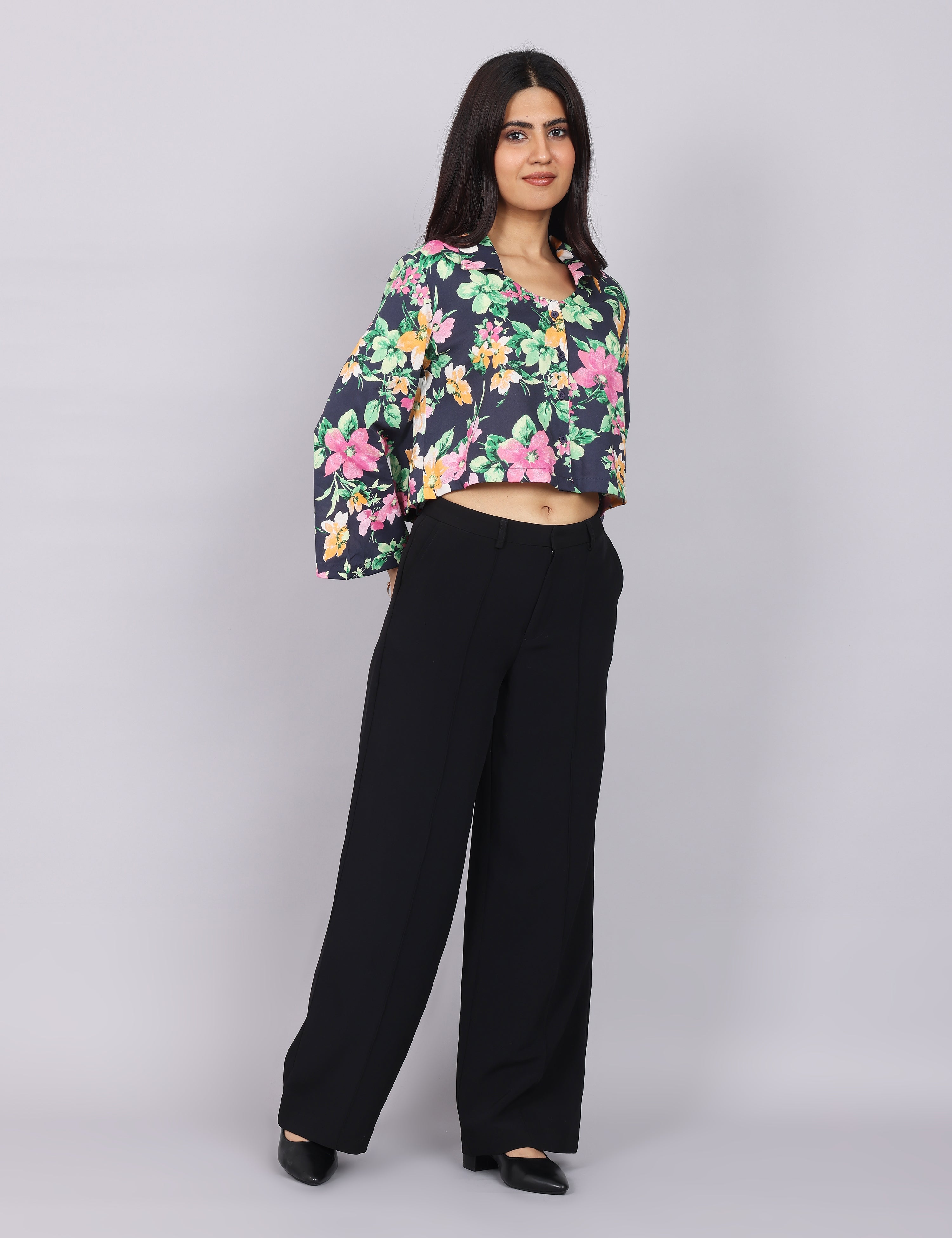 Women’s Navy Green Printed Relaxed Fit Collared Top