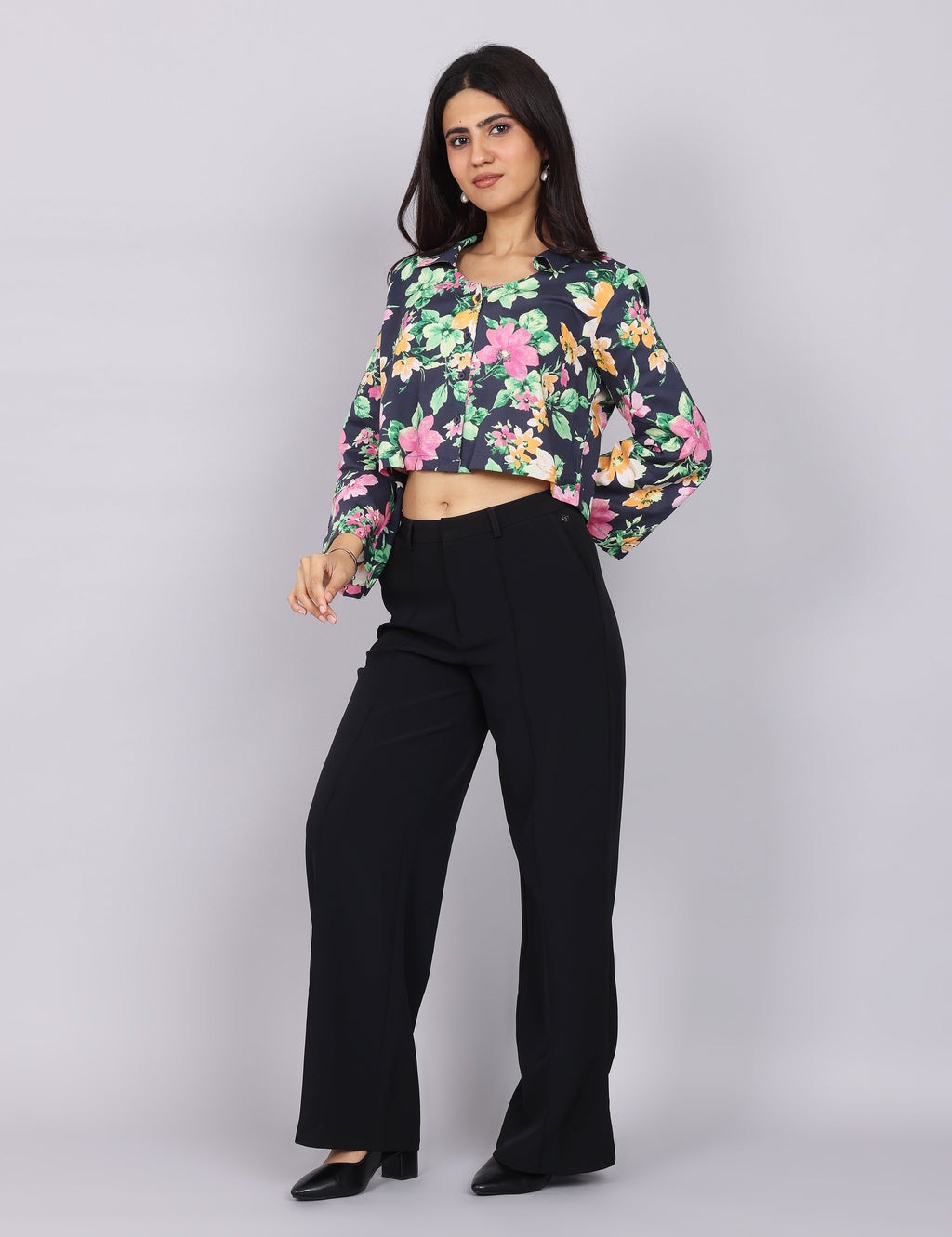 Women’s Navy Green Printed Relaxed Fit Collared Top
