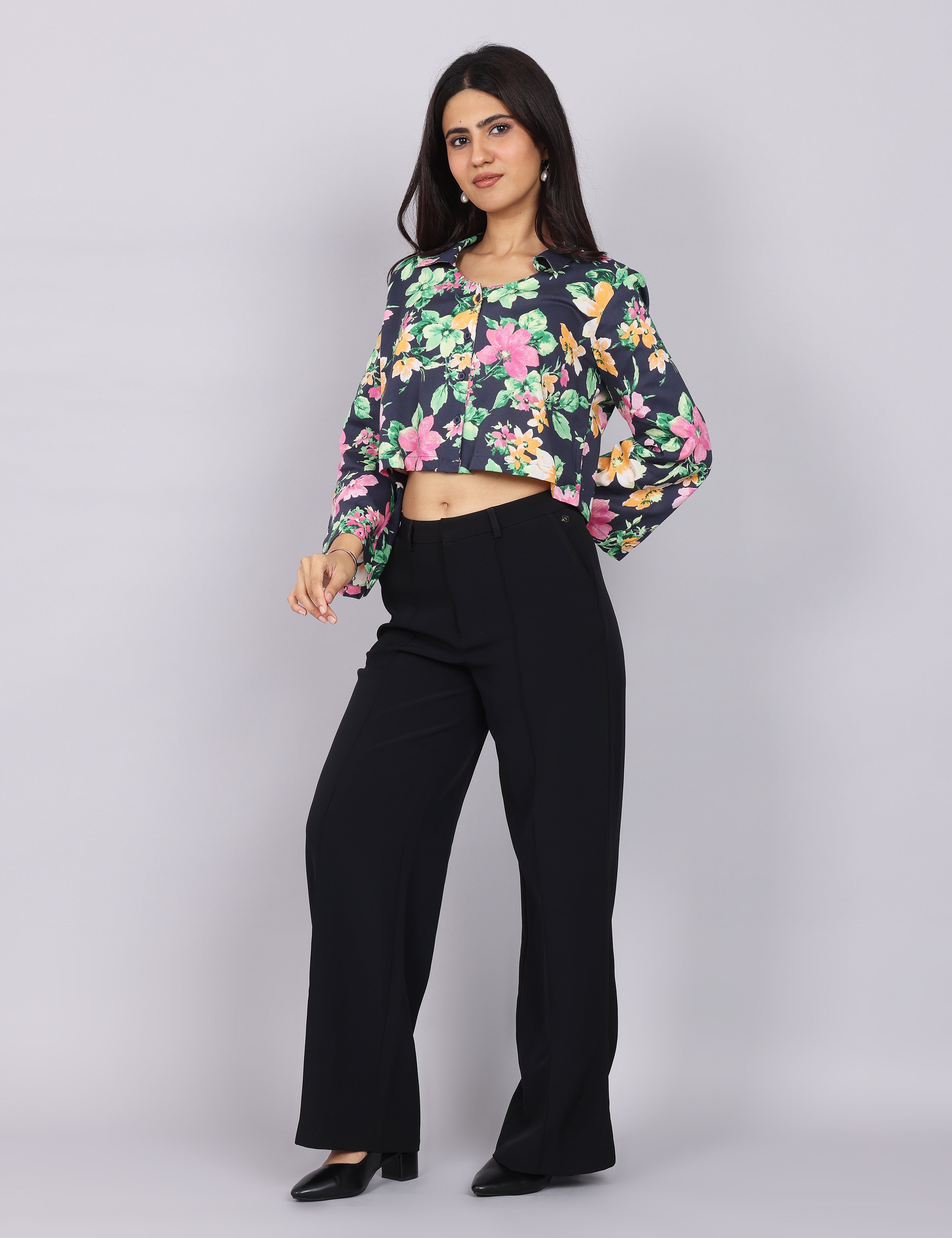 Women’s Navy Green Printed Relaxed Fit Collared Top