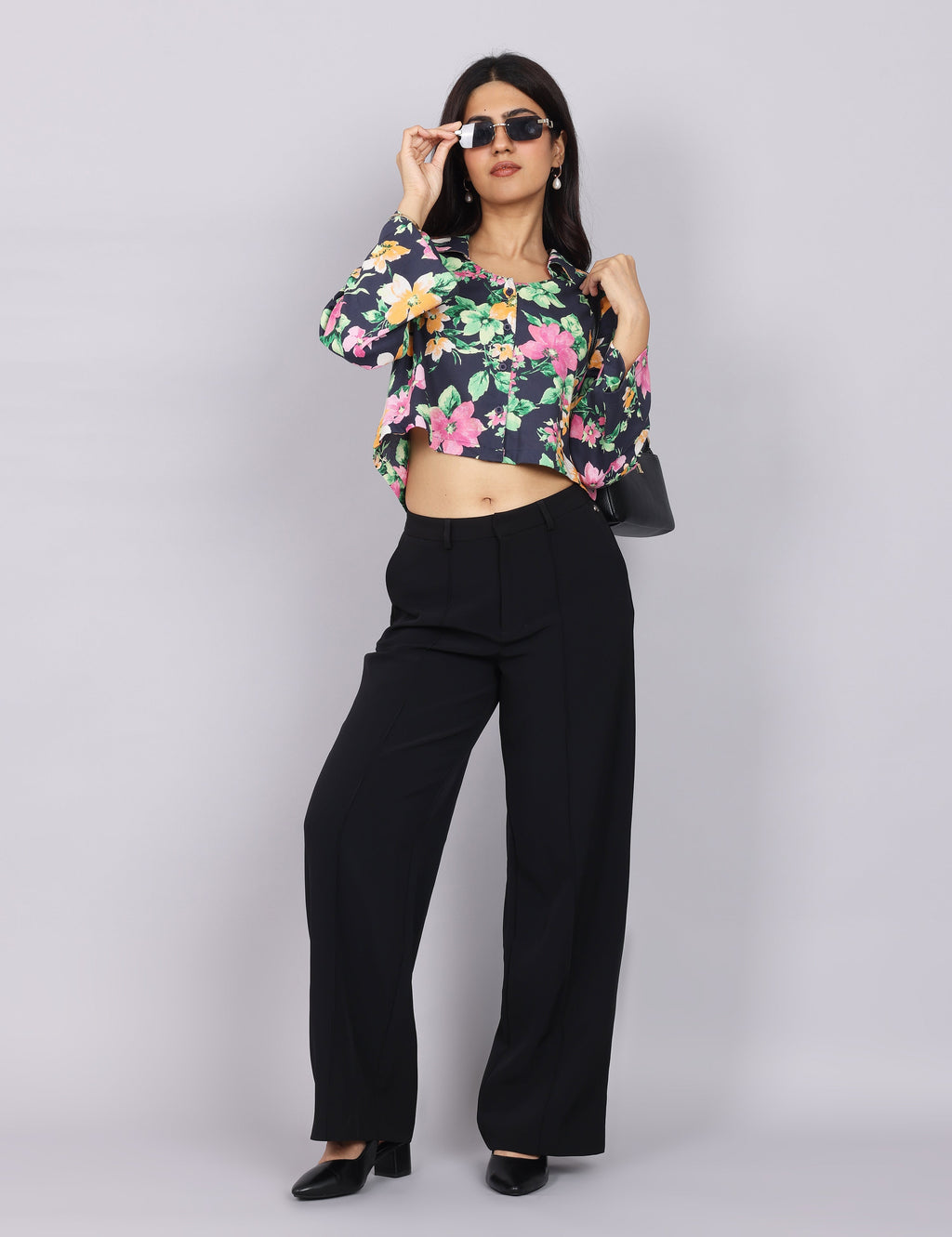 Women’s Navy Green Printed Relaxed Fit Collared Top